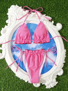 SHEIN Swim Bộ Bikini dây đeo dây đeo kẻ sọc trang trí hình con bướm dành cho nữ, hoàn hảo cho kỳ nghỉ ở bãi biển Bãi biển mùa hè - Hồng - Xem 5