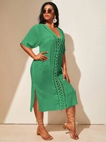 Swim Lushoire Summer Beach Plus Size Hollow-Out Beach Cover Up Dress, Vacation - Green - View 4