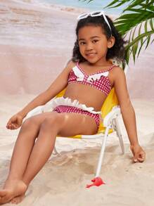 Set bikini alla moda con stampa a quadretti per giovani ragazze, con balze e pantaloncini separati, costume da bagno carino stampato per bambini per l estate e la spiaggia