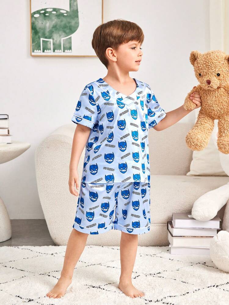 Young Boy Cartoon Pattern Woven Silk V-Neck Short Sleeve Summer Pajamas Set