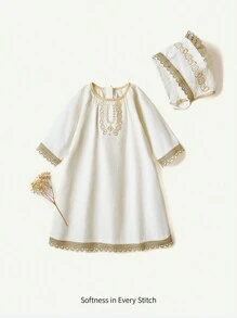 Cozy Pixies 新生兒女寶寶花卉圖案圓領長袖套頭連衣裙帽子2件套 - 米色 - 查看 1