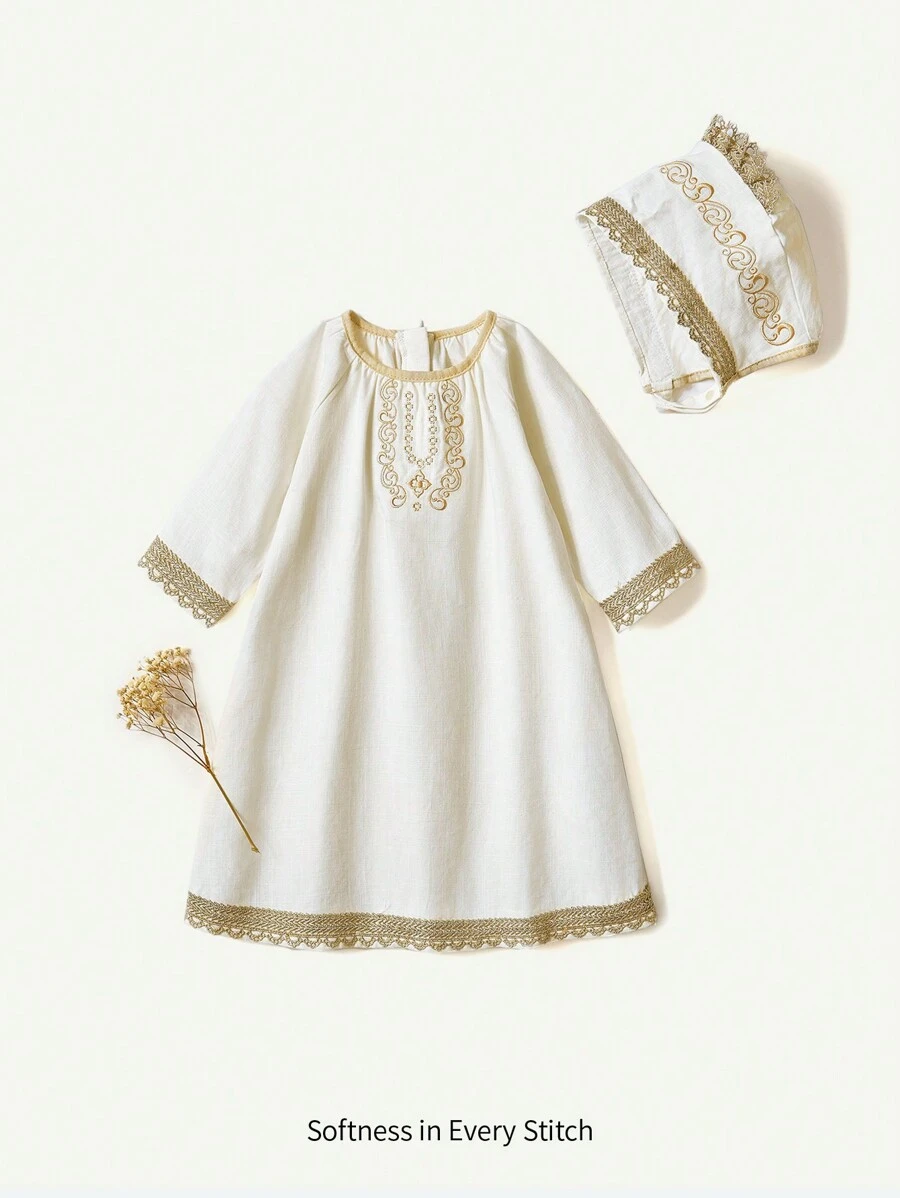 Cozy Pixies 新生兒女寶寶花卉圖案圓領長袖套頭連衣裙帽子2件套 - 米色 - 查看 1