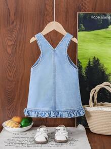 SHEIN Baby Girls' Denim Dress In Washed Casual Style With Cute Rabbit Print, Comfortable & Soft - Light Wash - View 2
