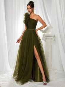 VIPGIRL Emcee Dress In Army Green, Heavily Decor With Beads, Ethereal Banquet Dress, Asymmetrical Neck, Runway Model, Mesh Dress Party Dress Wedding Guest Dress Formal Dress Evening Dress, Gown, Elegant Spring - Green - View 5