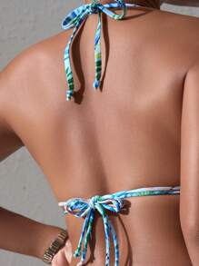 SHEIN Swim Contrast Lace Boho Halter Bikini Set, For Summer Vacation Beach