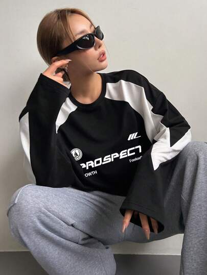 DAZY Letter Print Raglan Sleeve Long Sleeve T-shirt