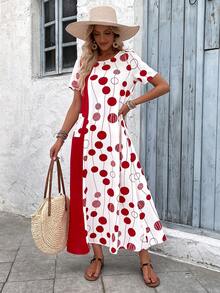EMERY ROSE Women Summer Geometric Printed Casual T-Shirt Dress With Short Sleeves And Long Style - Burgundy - View 5