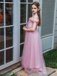 SHEIN Tween Girl Wedding Season 3D Flower Tulle A-Line Dress With Gathered Waist Strap, Elegant For Birthday Parties, Banquets & Weddings - Pink - View 8