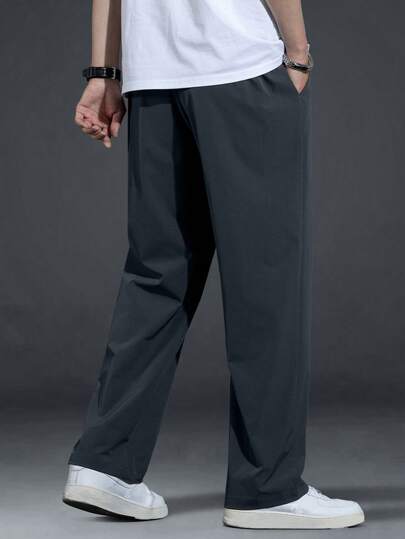 Men's Casual Street Style Solid Color Pants, High Waist Relaxed Fit Trousers With Side Pockets, Elastic Drawstring Waistband, Loose Fit, Suitable For Vacation, Outdoor Activities And Daily Wear