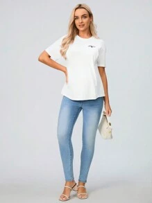 SHEIN Maternity Comfortable Minimalist Nursing Clothes, Young Casual Round Neck Short Sleeve Regular Loose Pregnant Women T-Shirt - White - View 3