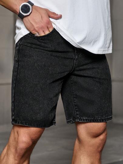 Manfinity Homme Pantalones cortos de mezclilla desgastados, de corte holgado y de color gris para hombre, pantalones cortos de mezclilla llanos de color negro, ideal para regalos para el esposo o el novio