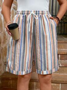 SHEIN LUNE Pantalones cortos de verano de algodón cómodos con cintura alta y estampado de bloques de color para mujer de talla grande