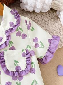 Baby Girls' Purple Simple Long Pants And Short Sleeve Loose Casual 2pcs Homewear Set