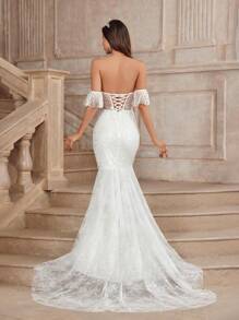 SHEIN Belle Elegant, Gorgeous And Sexy Off-Shoulder Off-Shoulder Ruffled Sleeves, Patchwork Stretch Lace Details, Paired With A Classic French Sheer Lace Top, With Herringbone Breast Cups And Matching Fishnet Tulle Lace Mermaid Dress, Suitable For Weddings, Festivals, Proms, Bachelorette Parties, Extra-Long Tail Wedding Dresses White Bridal Dress