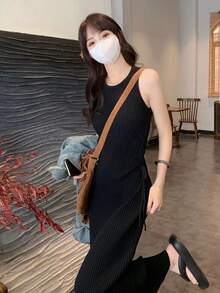 春夏季休閒純色側邊束繩修身無袖毛衣連衣裙 - 黑色 - 查看 3