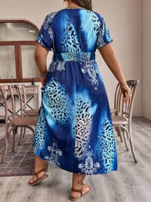 SHEIN LUNE Plus Size Summer Vacation Style V-Neck Short Sleeve Dress With All Over Print - Multicolor - View 2