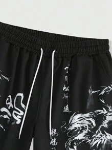 ROMWE MEN Anime Men Simple Drawstring Printed Casual Shorts For Daily Wear, School