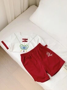 SHEIN 年輕男孩中式印花短袖衫和短褲套裝,漢服風格,4件套組合 - 彩色 - 查看 5