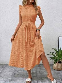 SHEIN LUNE Women Summer Solid Color Stand Collar Cap Sleeve Dress With Flounce Hem - Coral Orange - View 6