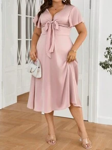 SHEIN Privé Plus Size Summer Elegant Front Tie Bowknot Waist Cinched Dress - Apricot - View 7