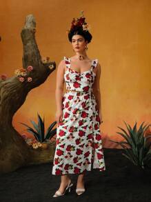 Frida Kahlo X SHEIN Co-Ords Ukuran Plus Ruffle Zip Split Thigh Bunga Buah&Sayuran Plants All Over Print Boho - Red and White - View 8