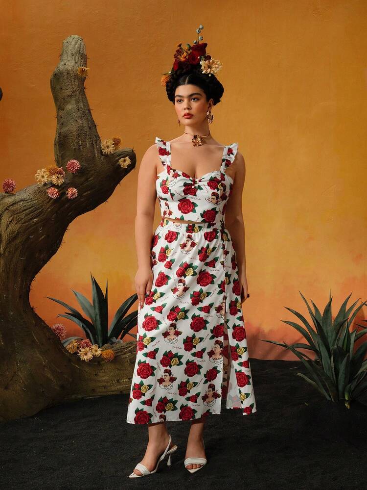 Plus Size Summer Elegant Sexy Artistic Floral Printed Ruched Bust Crop Top And Split Thigh Skit Set