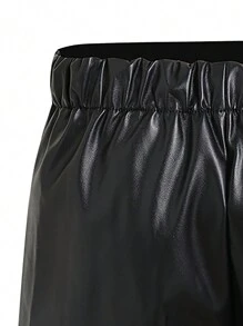Cô Gái Trẻ Đen Da Áo khoác + Giải trí Da Quần short Giải trí Bộ đồ - màu đen - Xem 4