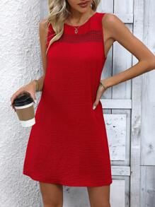 SHEIN LUNE 女士夏季純色拼接蕾絲寬鬆優雅無袖連衣裙