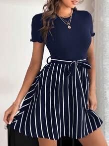 SHEIN Essnce Women's Solid Color Striped Printed Short Sleeve Dress - Blue - View 5