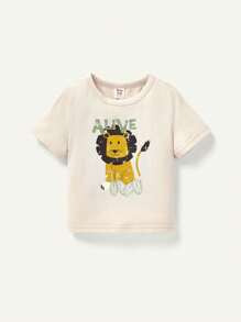 Cozy Pixies Conjunto De Manga Corta Para Bebé Niño Con Patrón De León Dibujos Animados, Con Cuello Redondo Y Pantalón Corto Casual