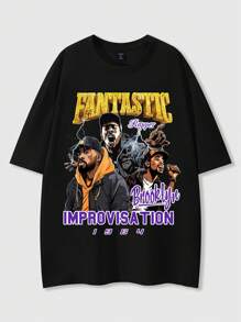 ROMWE MEN Street Life Men Casual T-Shirt With Printed Rapper Design, Summer, School - Black - View 1