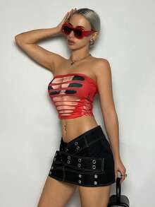 SHEIN ICON 女裝緊身印花無帶背心上衣 - 紅色 - 查看 5