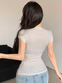 DAZY Women Fashion Solid Color Short Sleeve See-Through T-Shirt - Apricot - View 3