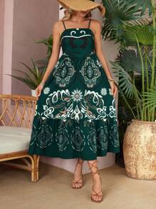 SHEIN VCAY Vestido estilo boho para mujer con dobladillo de volantes y estampado completo, ideal para verano y vacaciones - Multicolor - Ver 1