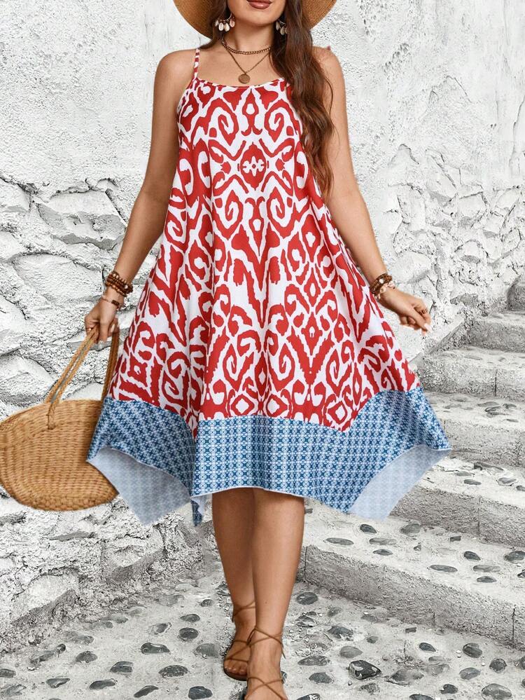 Plus Size Printed Patchwork Casual Holiday Style Cami Dress