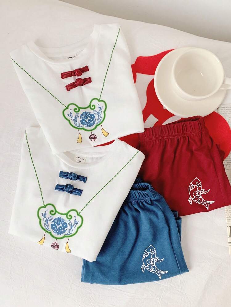 Young Boy Casual Chinese Style Printed Short Sleeve Shirt And Shorts Set, Hanfu Style, 4pcs/Set