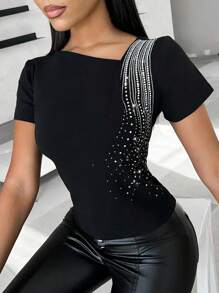 Chiquease Áo thun nữ tay ngắn thời trang đính đá Rhinestone (Mẫu đính đá Craft) Áo thun họa tiết dành cho nữ - màu đen - Xem 8