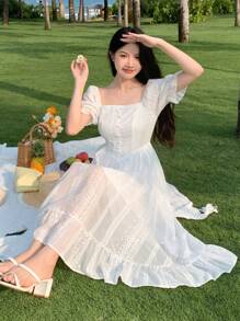 DAZY 女士方领荷叶边袖 A 字裙夏季太阳裙，休闲女士连衣裙 - 白色 - 查看 1