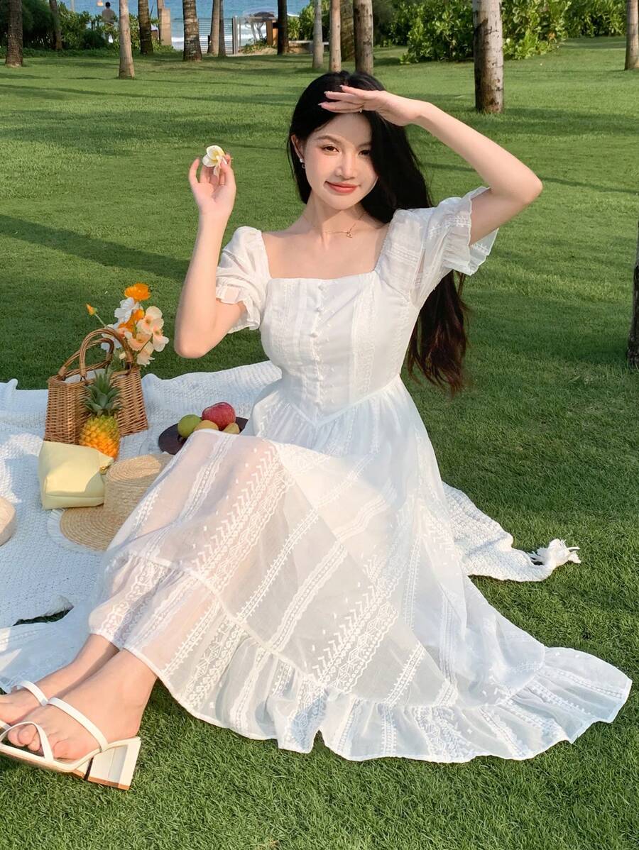 DAZY 女士方领荷叶边袖 A 字裙夏季太阳裙，休闲女士连衣裙 - 白色 - 查看 1