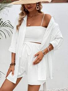 SHEIN 孕妇纯色休闲日常混搭衬衫和短裤两件套孕妇装 - 白色 - 查看 3