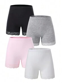 Young Girl 4pcs/Pack Lace Splice Solid Color Comfortable Boxer Briefs - Multicolor - View 1