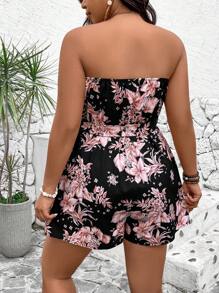 Breezaya 大码波西米亚风花卉印花露肩连体裤，配有腰带，非常适合春夏季度假 - 黑色 - 查看 2