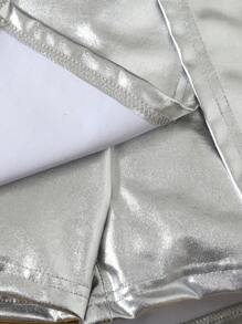 SHEIN Young Girls' Silver Shiny Metallic High Waisted Shorts, Spring/Summer - Silver - View 5