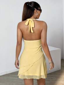 SHEIN EZwear Women Light Yellow Mesh Halter Dress,Summer Dresses For Women,Tea Party Dress,Pastel Dresses For Women