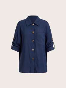 SHEIN LUNE Women Spring/Summer Solid Color Roll-Up Sleeve Loose Casual Shirt Fall Cloth For Women - Dusty Blue - View 1