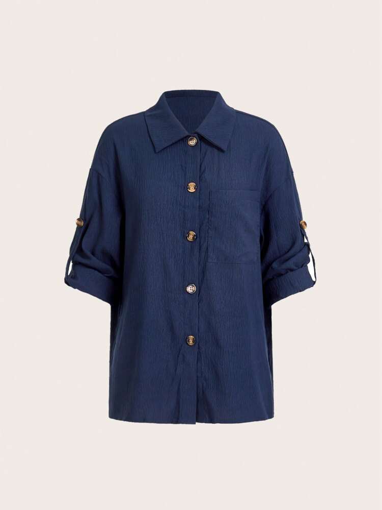 Women Spring/Summer Solid Color Roll-Up Sleeve Loose Casual Shirt Fall Cloth For Women