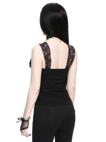 ROMWE Gothic Style Mesh Sheer Top With Glossy Big Bow, Print And Ruched Details For Women - Black - View 7