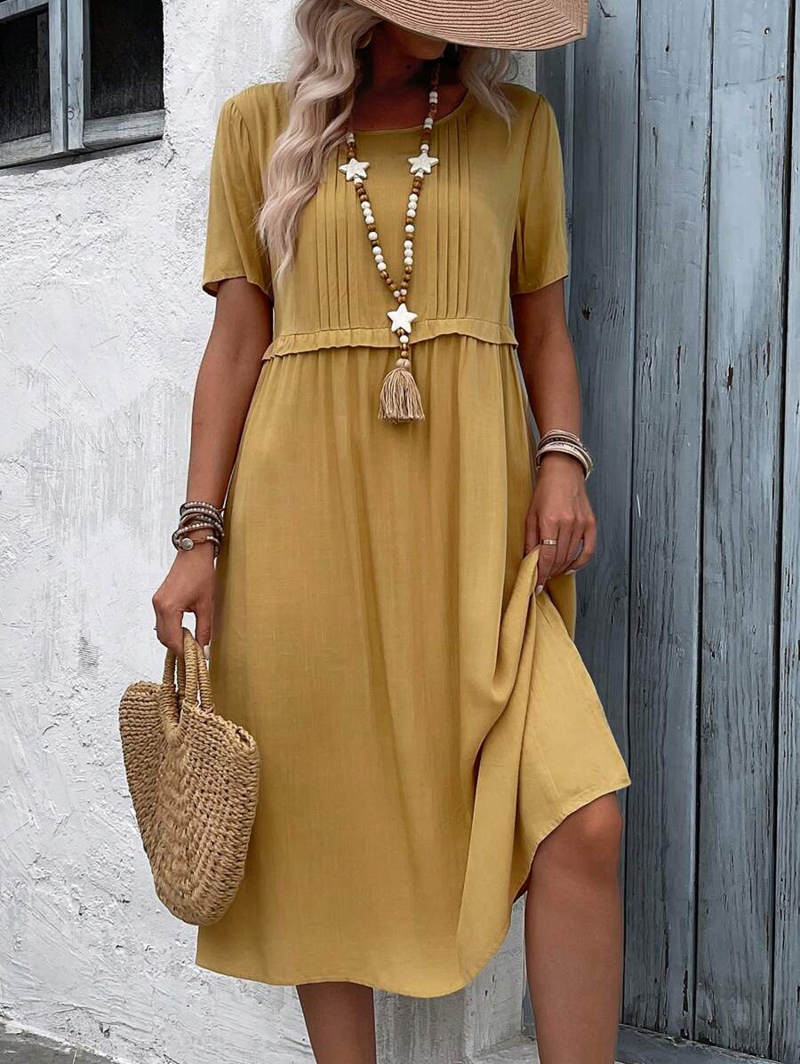 EMERY ROSE Summer Linen Short Sleeve Midi Dress - Yellow - View 1