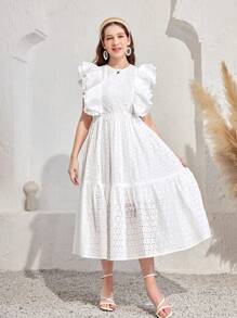 Vestido casual blanco tejido con capas, mangas de volantes bordados para adolescente - Blanco - Ver 3