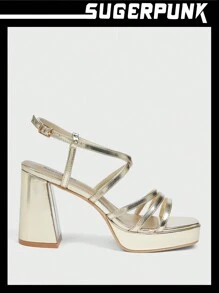 Sugerpunk Sandalias de tacón alto elegantes para mujer con diseño de rayas y suela con plataforma, adecuadas para fiestas y ocasiones formales